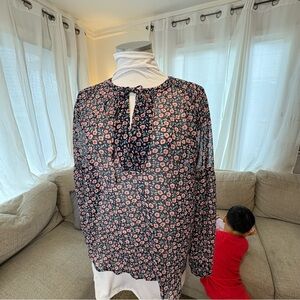 LOFT Sheer Navy sm pink Floral Blouse - navy and Pink